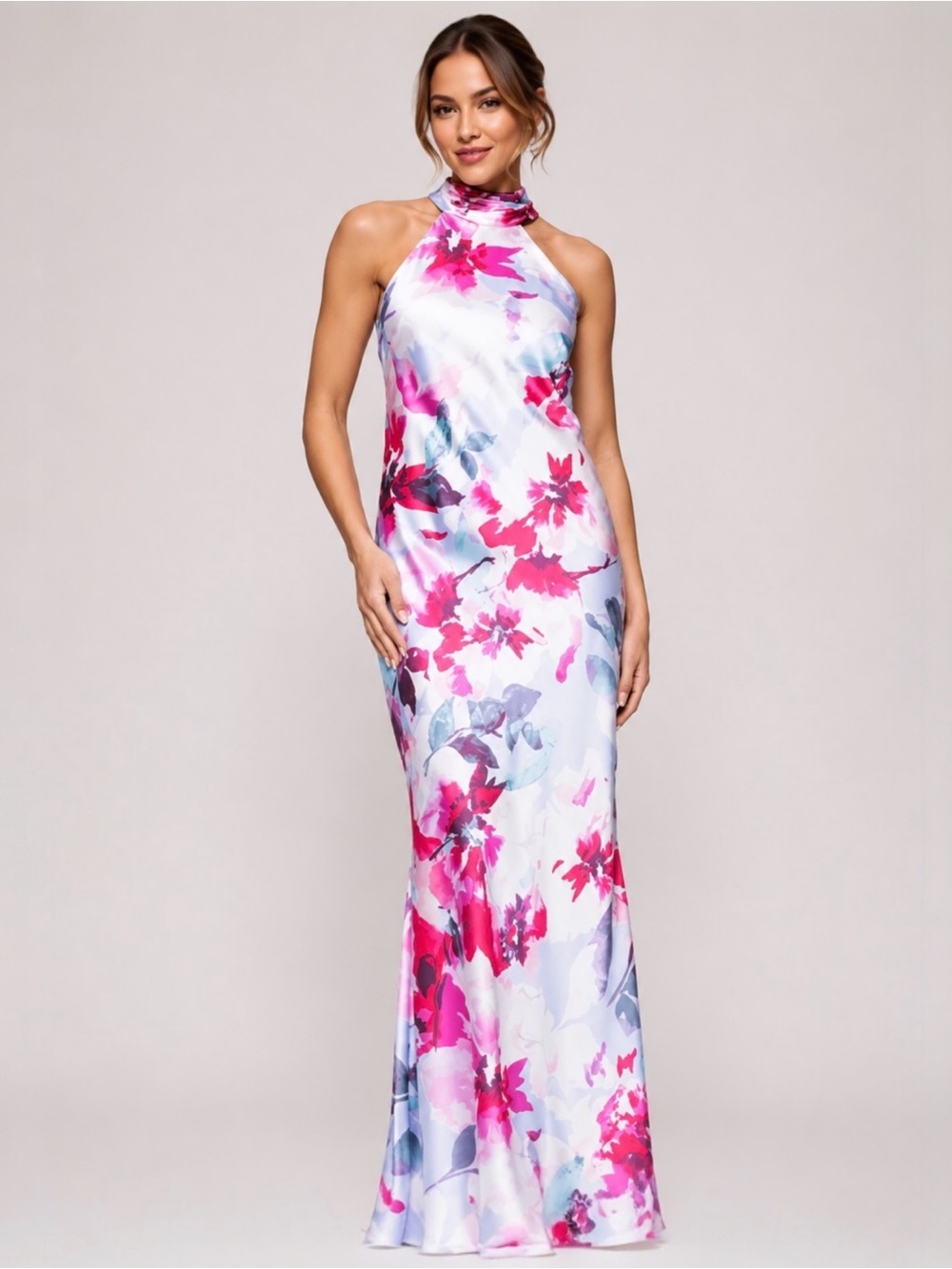 NWT Aqua Bloomingdale's Pink Watercolor Floral Halter Formal Maxi Dress Size 16